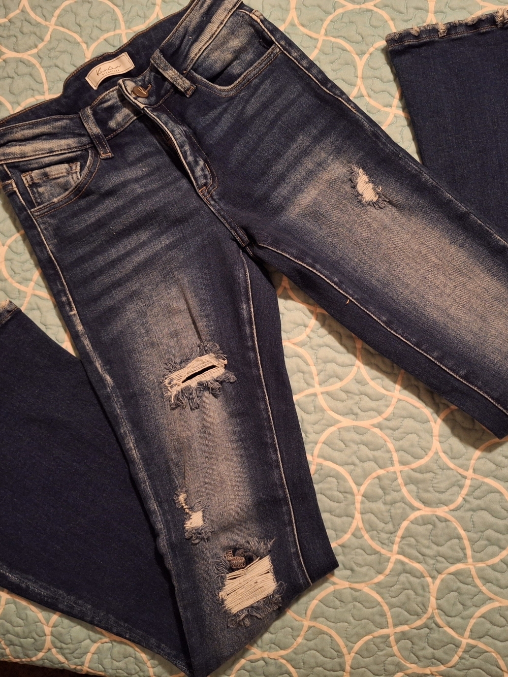 KanCan Women's Dark Blue Distressed Wide Leg Jeans
